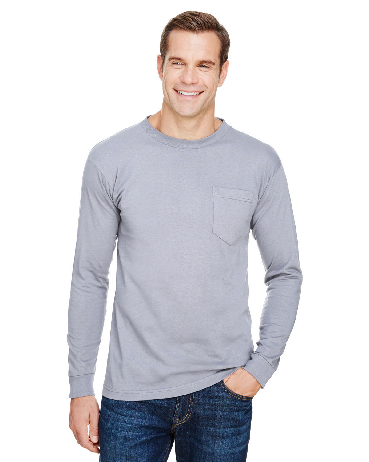 Bayside Ba3055 Unisex Union Made Long Sleeve Pocket Crew T Shirt