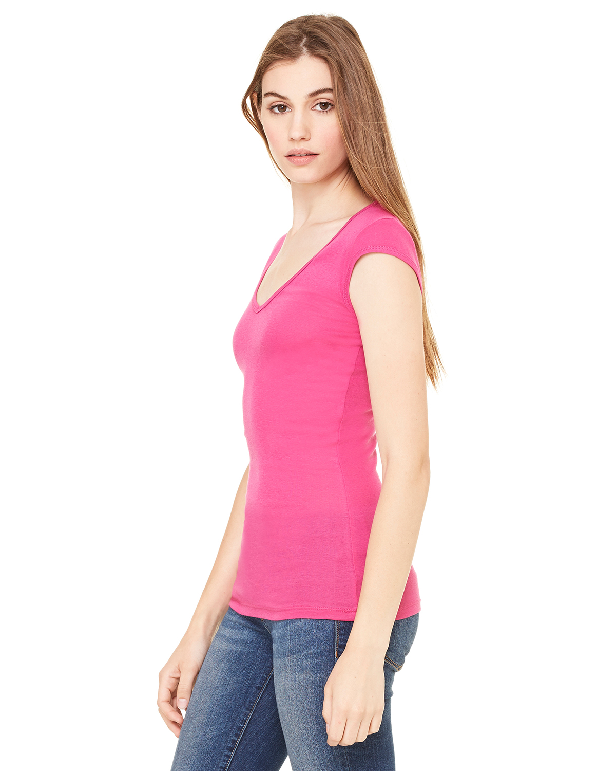 Bellacanvas B8705 Ladies Sheer Mini Rib Cap Sleeve Deep V Neck T Shirt 