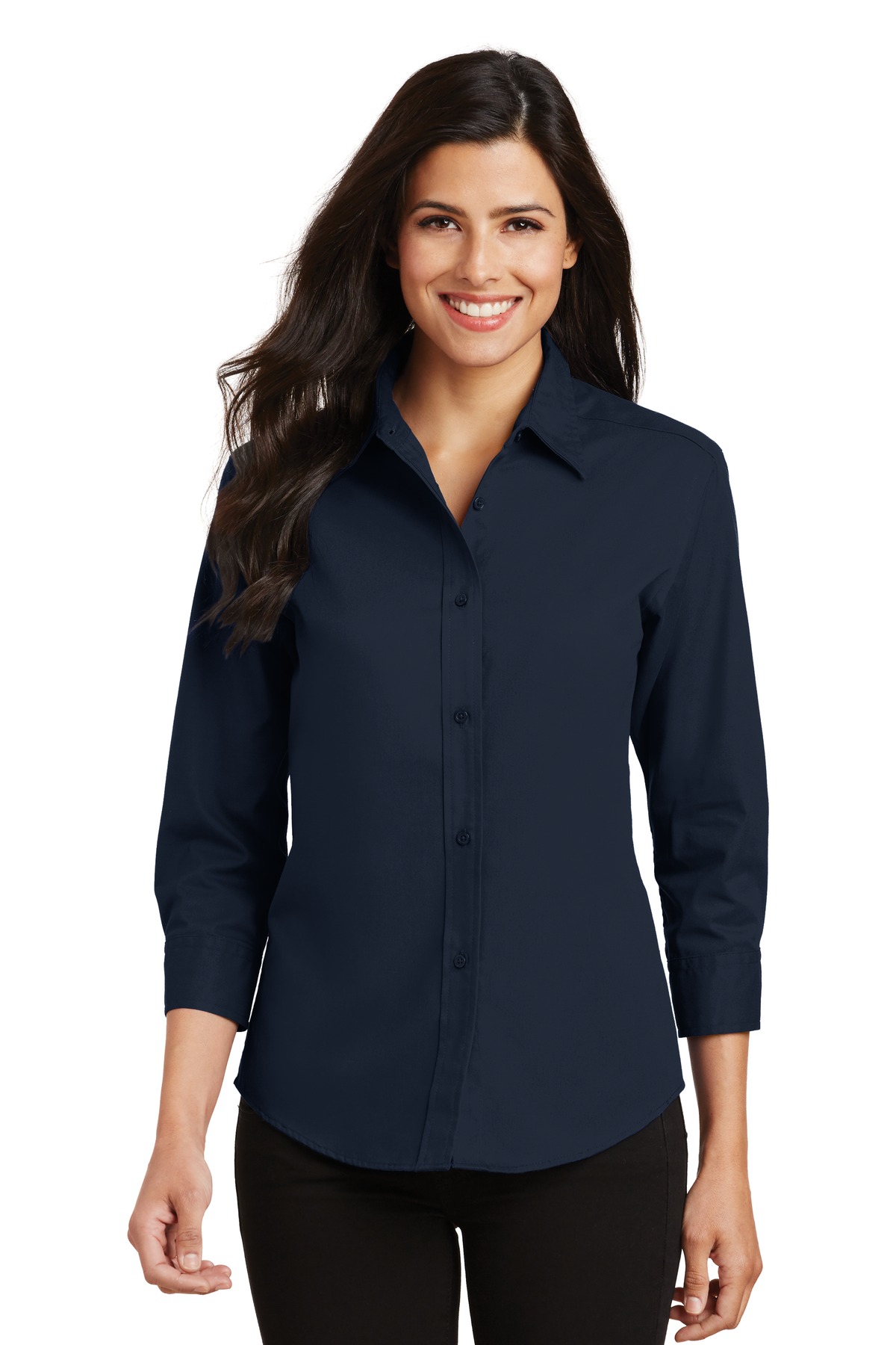 Navy blue button up shirt clearance womens