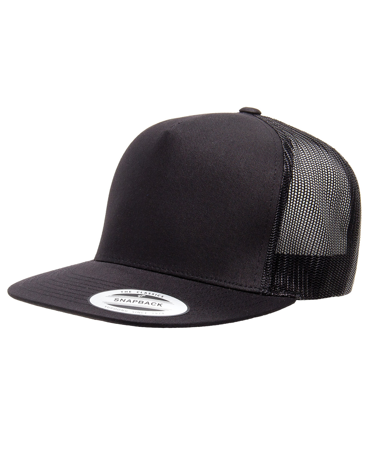 yupoong-6006-black-adult-5-panel-flat-bill-trucker-cap-jiffyshirts