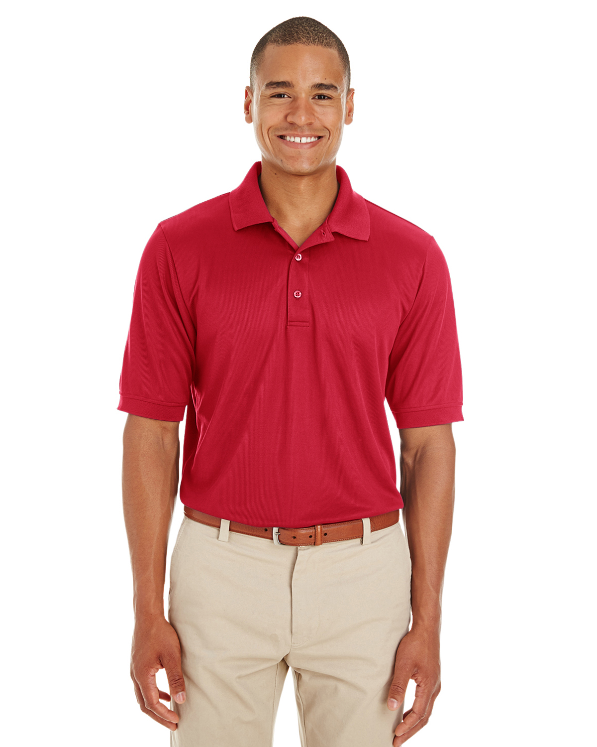 red polo with khaki pants