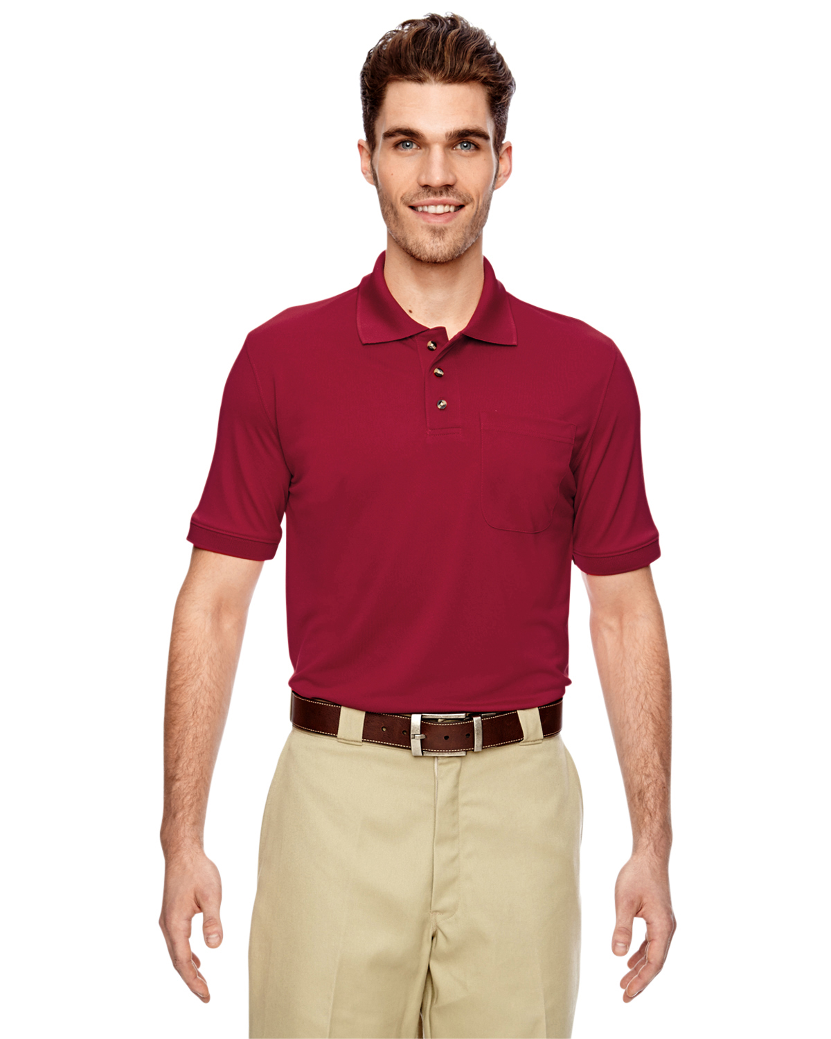 red polo with khaki pants