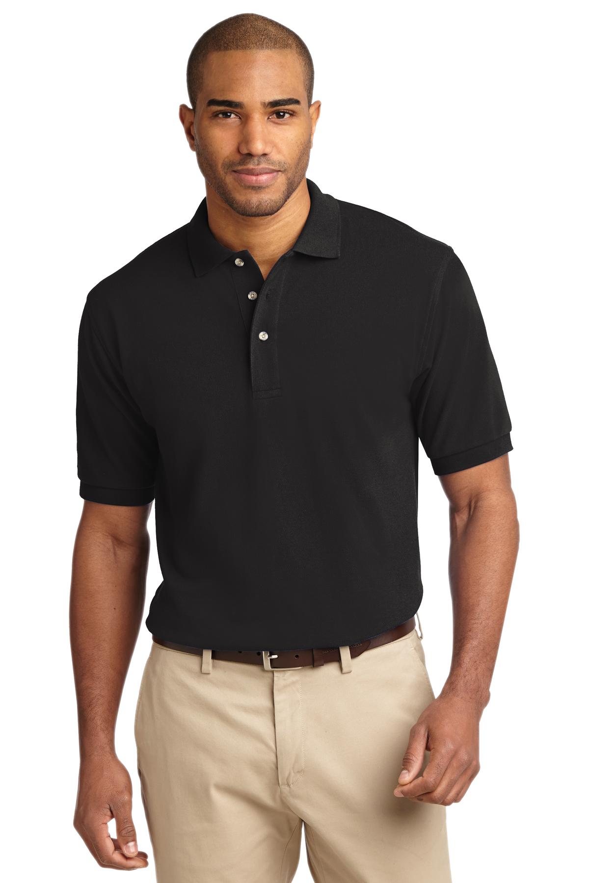 black polo with navy pants